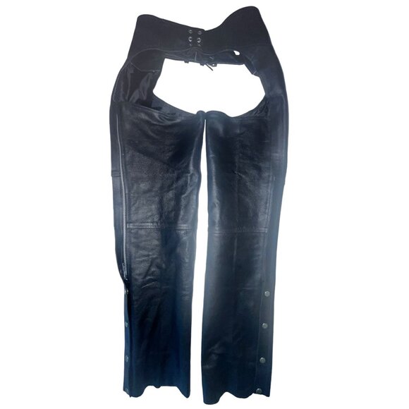Leather Pants - Adult S Black Leather Motorcycle Riding Chaps Adjustable Belt Snap Closure 30-34